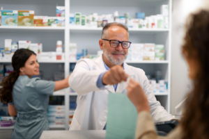 Pharmacien effectuant son travail en officine pouvant être atteint par des mots de dos